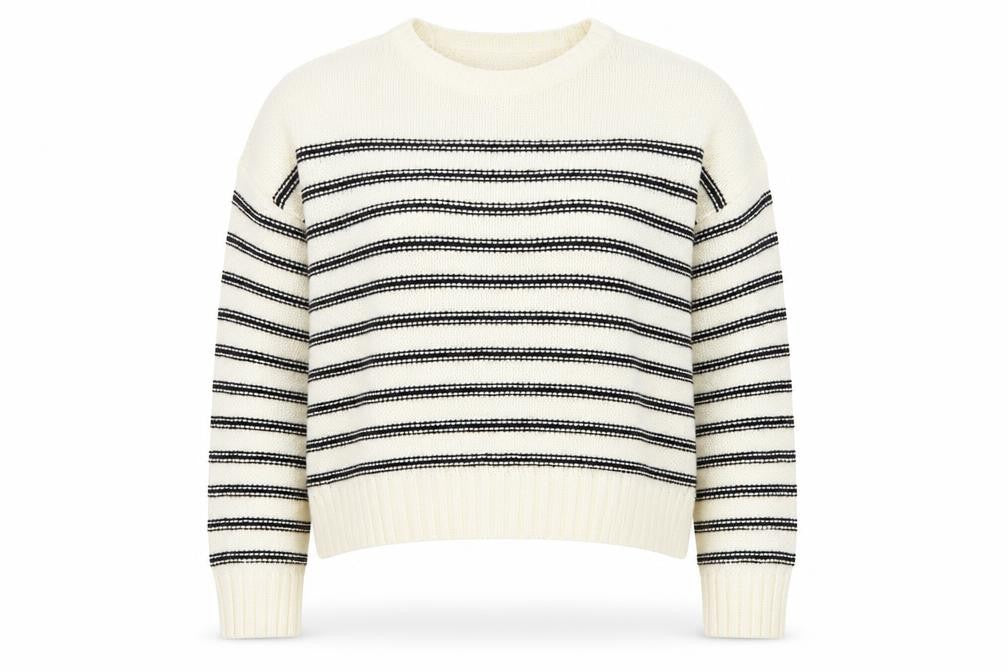 New Look Womens Ivory Round Neck Striped Acrylic Pullover Jumper Size L   - Cropped