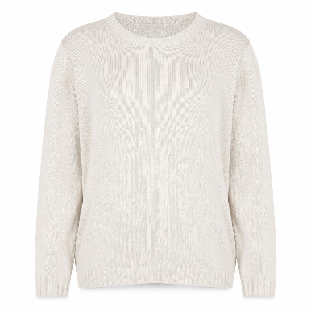 Front view of Marks & Spencer women’s beige round neck cotton jumper, size UK 10