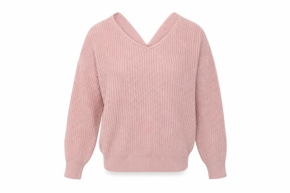 Front view of Preworn women’s pink v-neck wool jumper one size - knot back