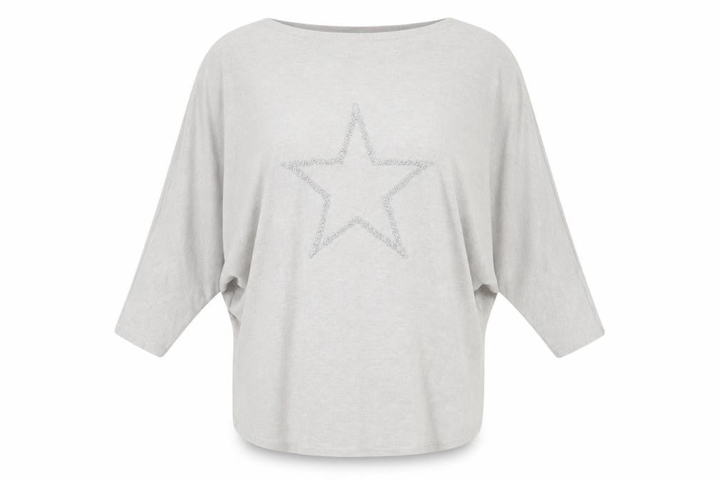 Front view of Quiz women’s grey acrylic basic t-shirt, size UK 10, round neck