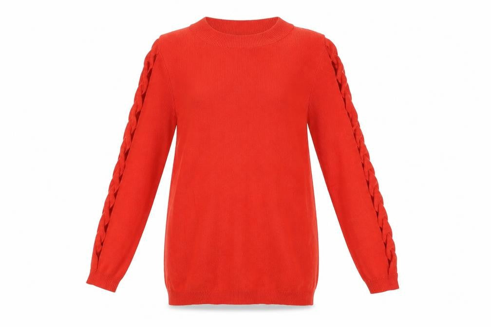 Front view of Soon women’s red crew neck viscose jumper, size UK 8