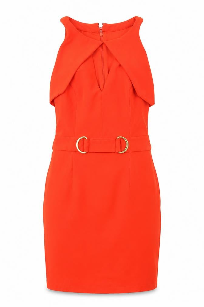 Front view of Explosion women’s red polyester bodycon, size UK 36, round neck