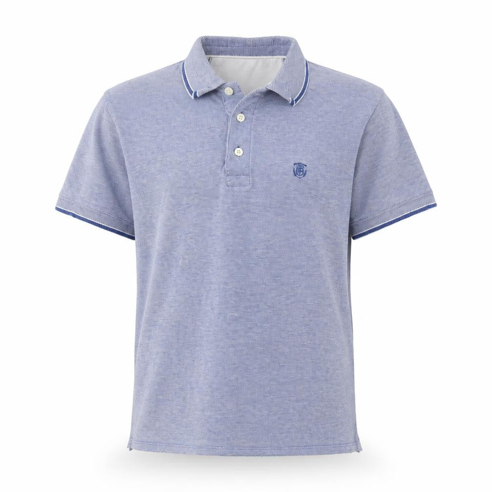 Front view of Selected Homme women’s blue cotton basic polo, size M, collared