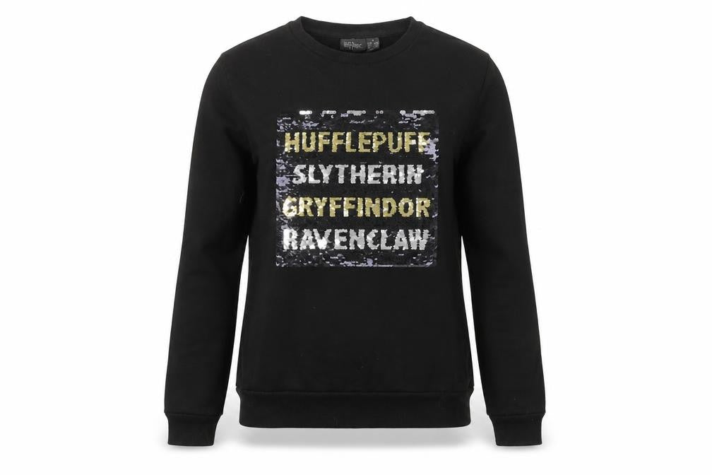 Front view of Primark women’s black polyester pullover sweatshirt, size UK 6, - harry potter