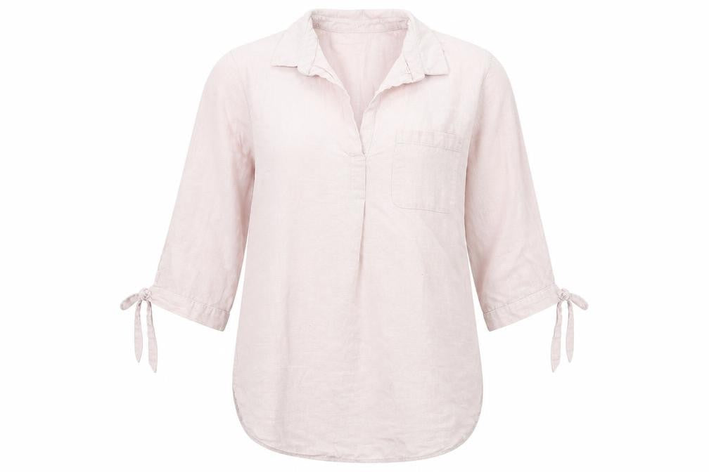 Front view of New Look women’s pink cotton basic blouse, size UK 8, v-neck