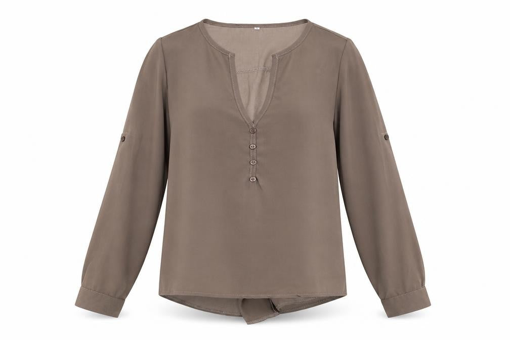 Front view of Preworn women’s brown polyester basic blouse, size S, v-neck
