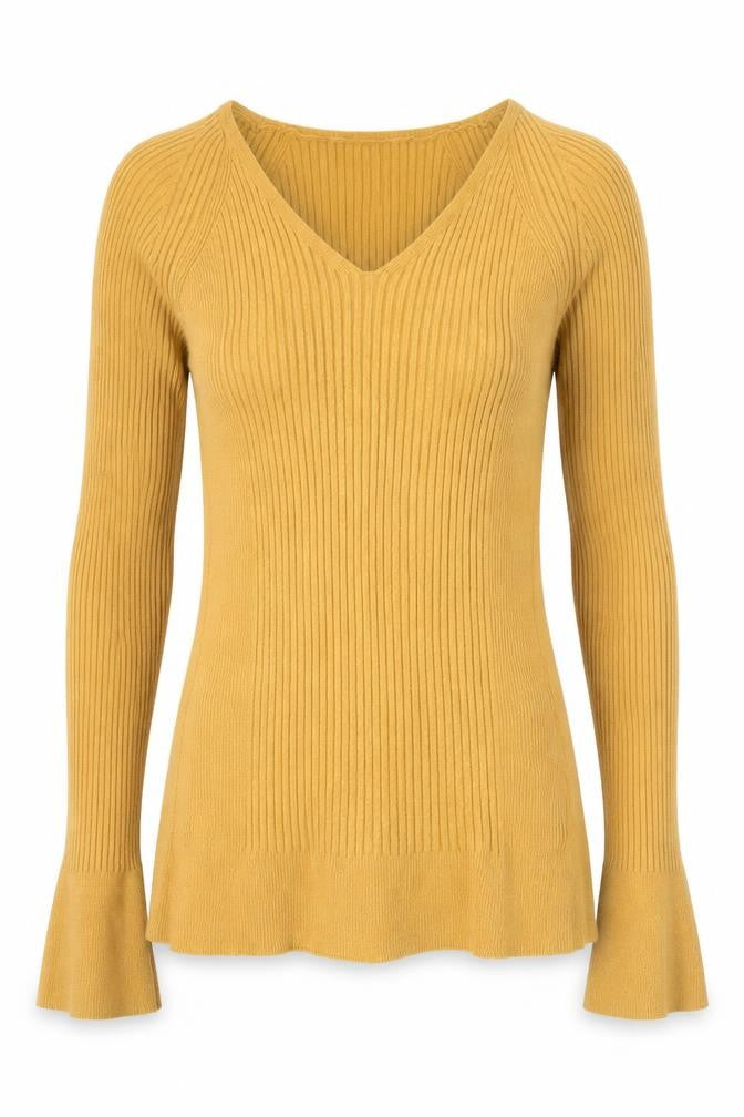 Front view of Primark women’s yellow v-neck viscose jumper, size UK 10