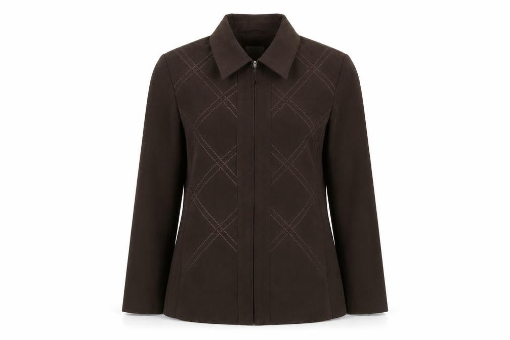 Front view of Classics women’s brown jacket, size UK 12, zip