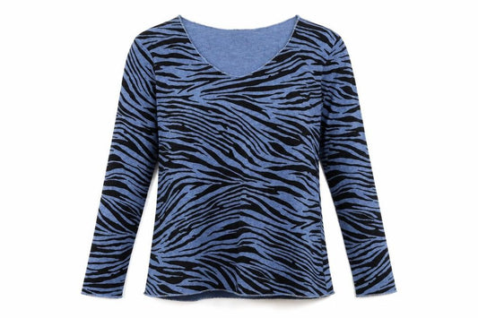 Front view of Preworn women’s blue v-neck animal print viscose jumper, size S