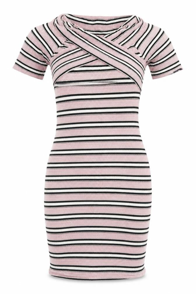 Front view of Topshop women’s multicoloured striped viscose bodycon, size UK 8, off the shoulder pullover