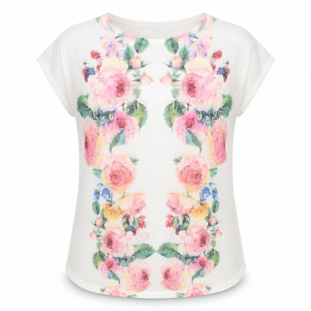 Front view of Twinkle women’s multicoloured floral polyester basic t-shirt, size M, round neck
