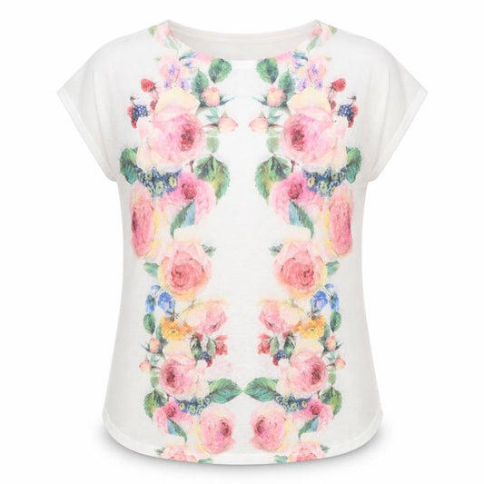 Front view of Twinkle women’s multicoloured floral polyester basic t-shirt, size M, round neck