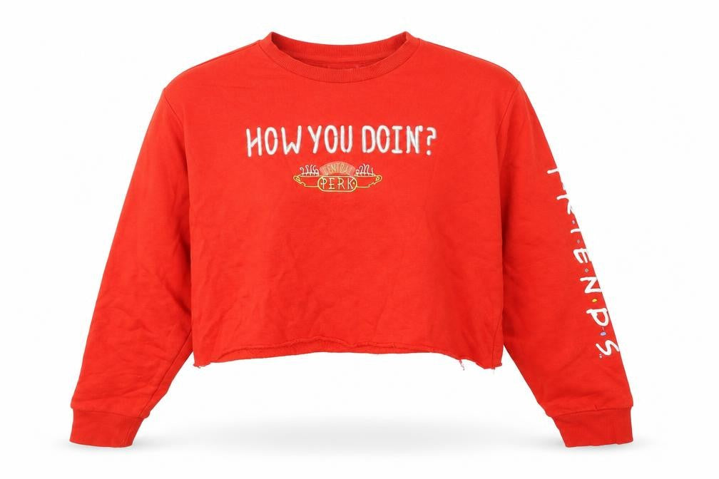 Front view of Primark women’s red cotton pullover sweatshirt, size UK 10, - friends