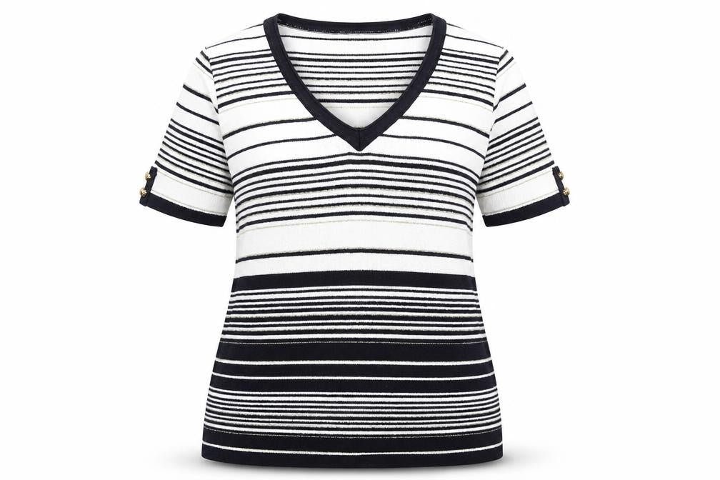 Front view of Afibel women’s multicoloured v-neck striped acrylic jumper, size UK 14