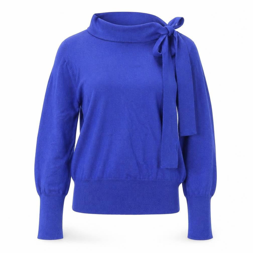 Front view of Marks & Spencer women’s blue mock neck viscose jumper, size UK 12