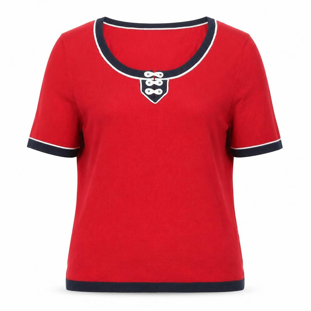 Front view of Country Casuals women’s red round neck viscose jumper, size M