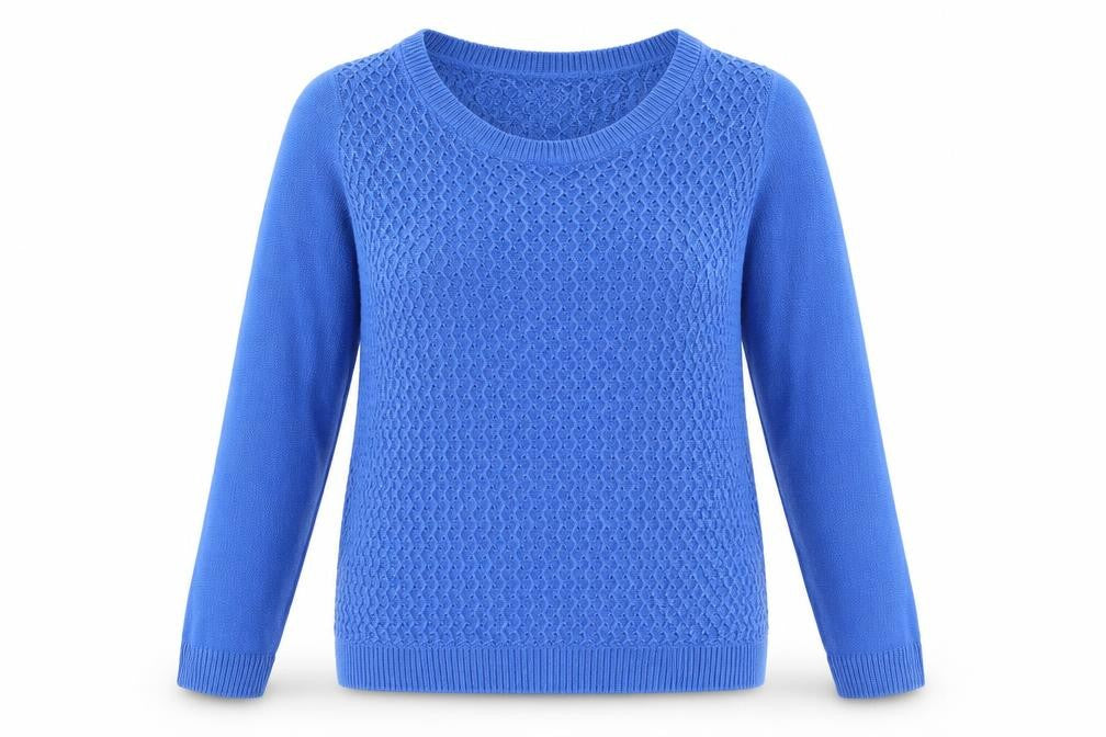Front view of Isle Essentials women’s blue collared acrylic jumper, size UK 10, - built in shirt