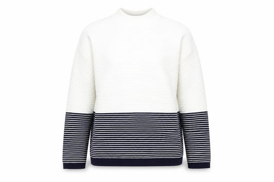 Front view of Topshop women’s multicoloured mock neck striped viscose jumper, size UK 12