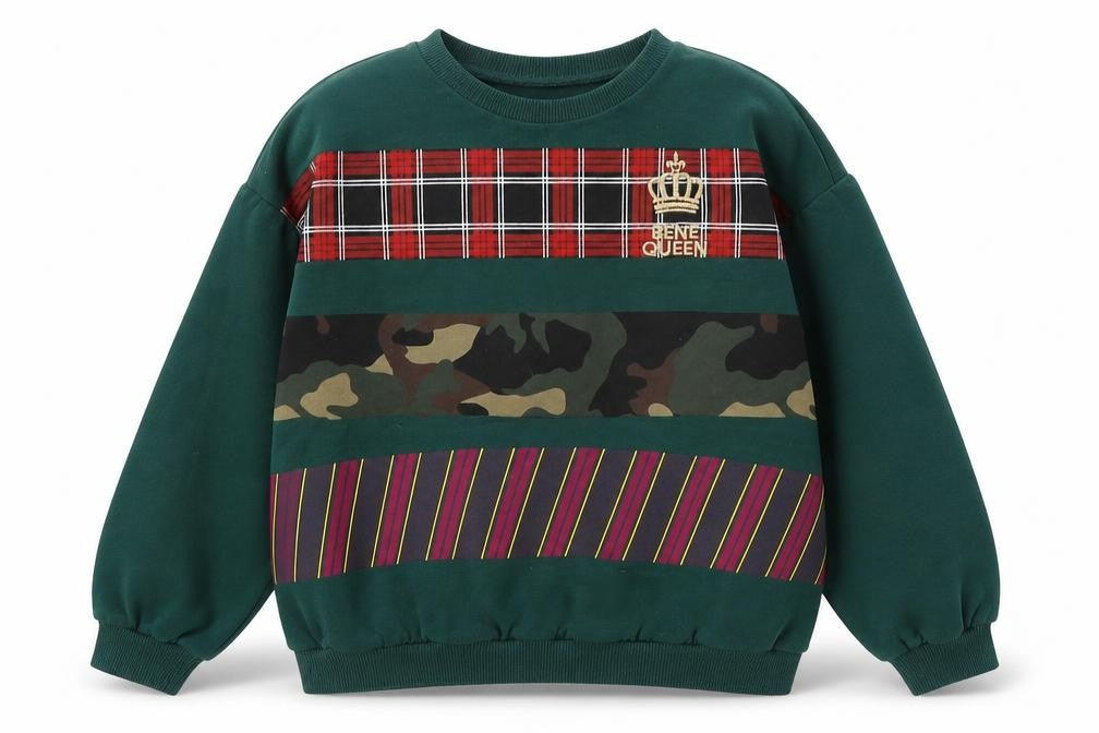 Front view of United Colors of Benetton girls’ green cotton pullover sweatshirt, size 6-7, years