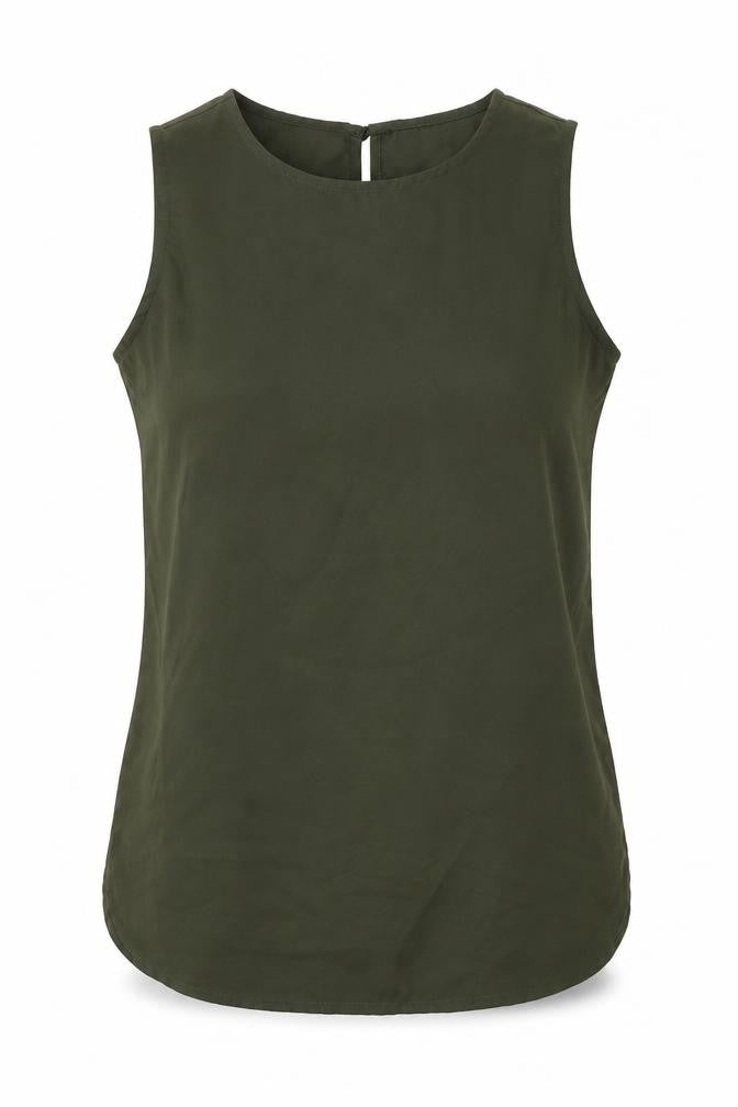Front view of Blue Inc women’s green polyester basic tank, size UK 8, round neck