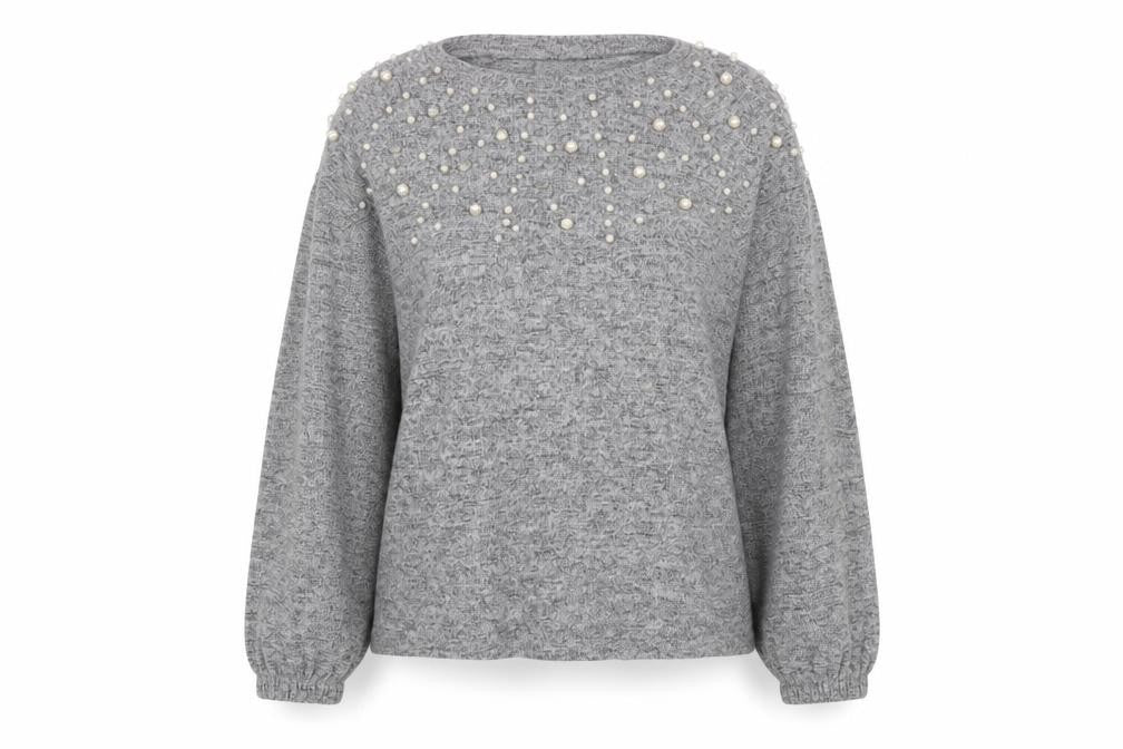 Front view of Savida women’s grey round neck geometric polyester jumper, size L