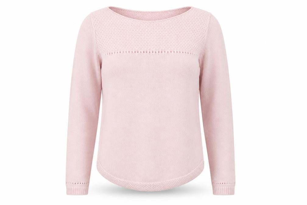 Front view of Marks & Spencer women’s pink round neck cotton jumper, size UK 8