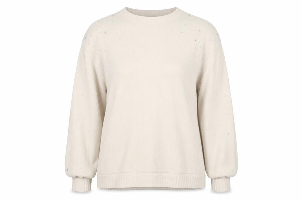 Front view of F&F women’s beige round neck polyester jumper, size UK 14