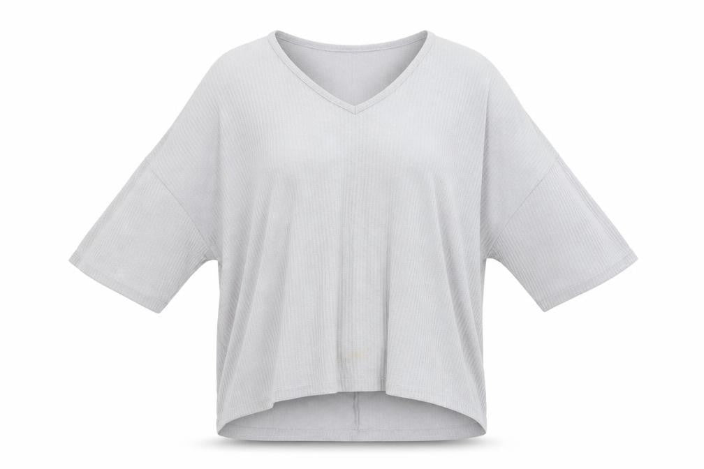Front view of New Look women’s grey viscose basic blouse, size S, round neck