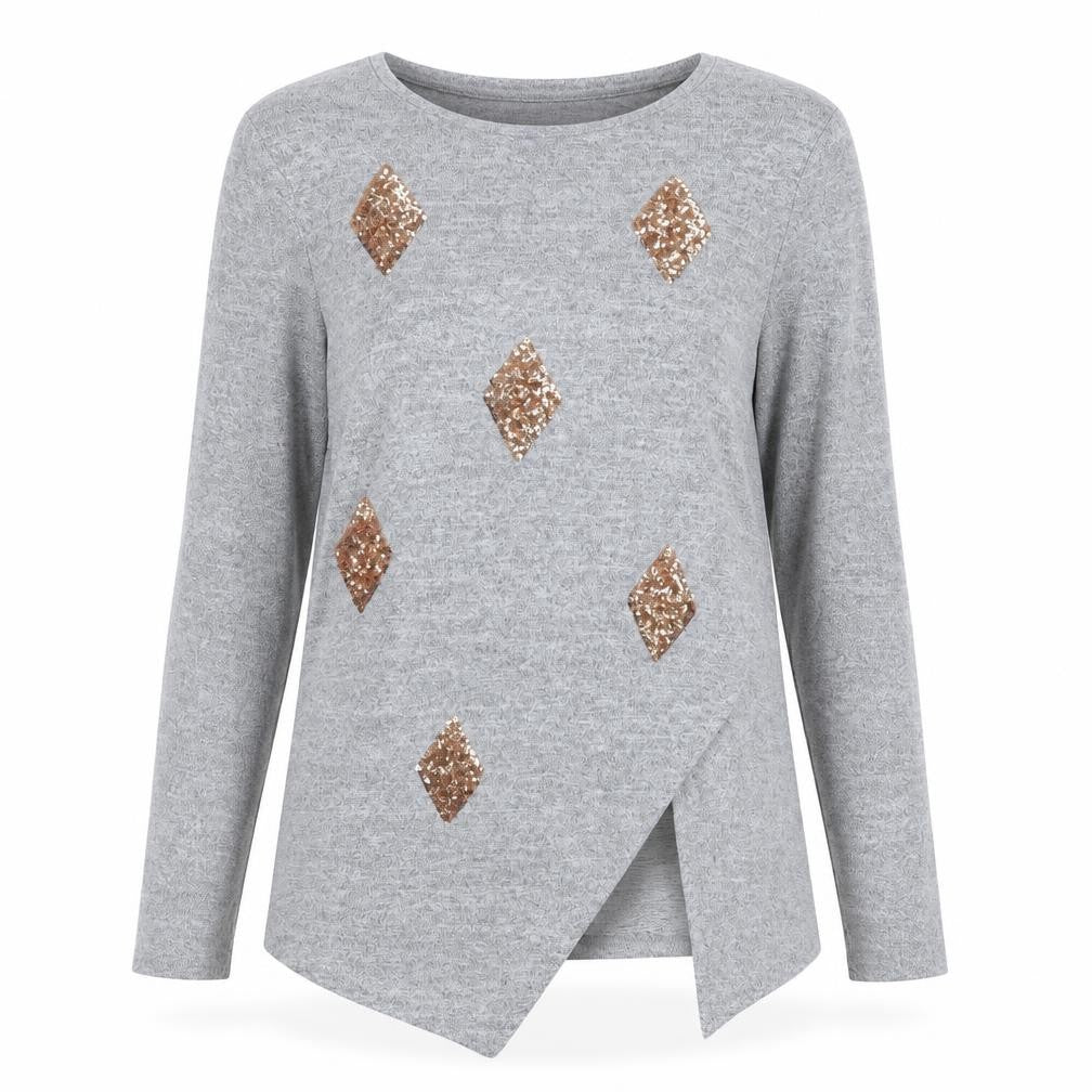 Front view of pink diamond women’s grey round neck geometric rayon jumper, size M
