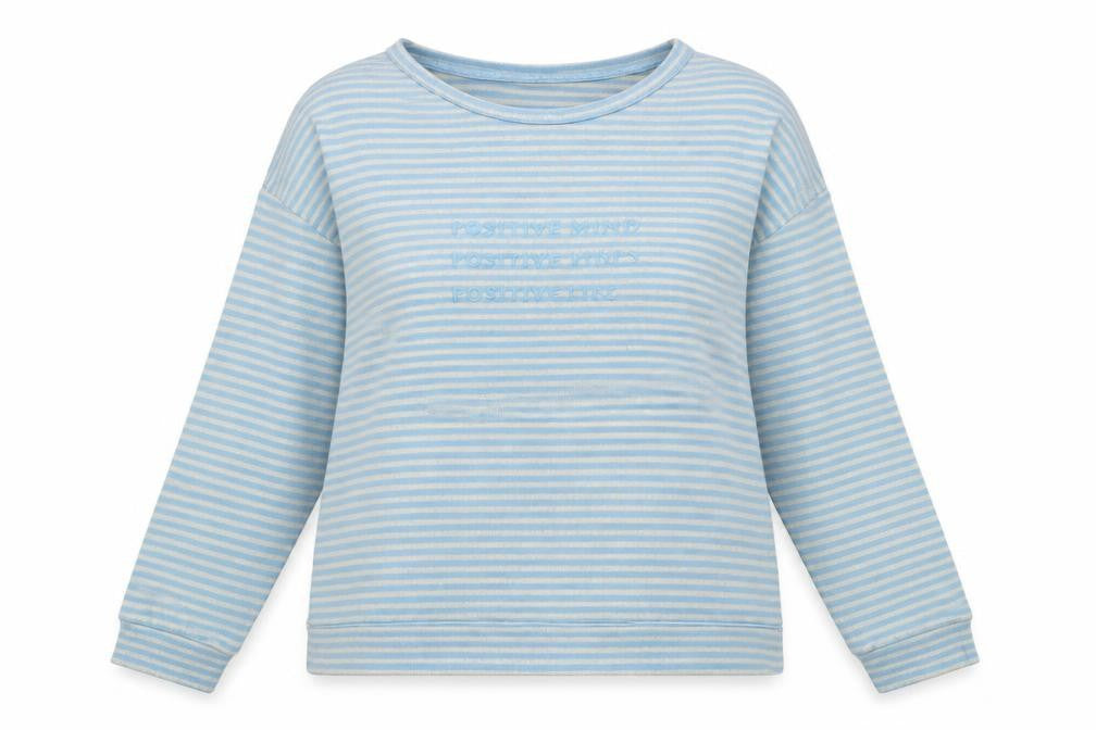 Front view of Tu women’s blue round neck striped polyester jumper, size UK 10