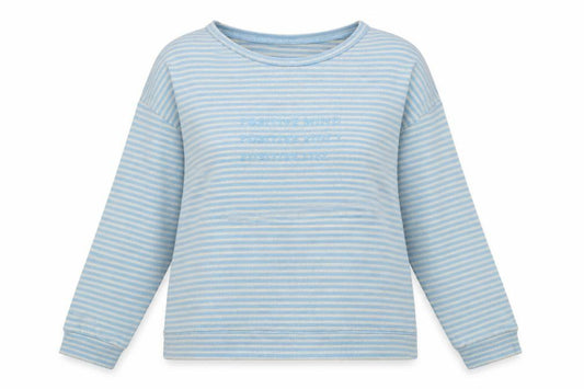 Front view of Tu women’s blue round neck striped polyester jumper, size UK 10