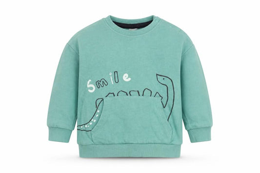 Front view of So Cute Baby Green Cotton jumper, size 12-18, Months Snap - Dino