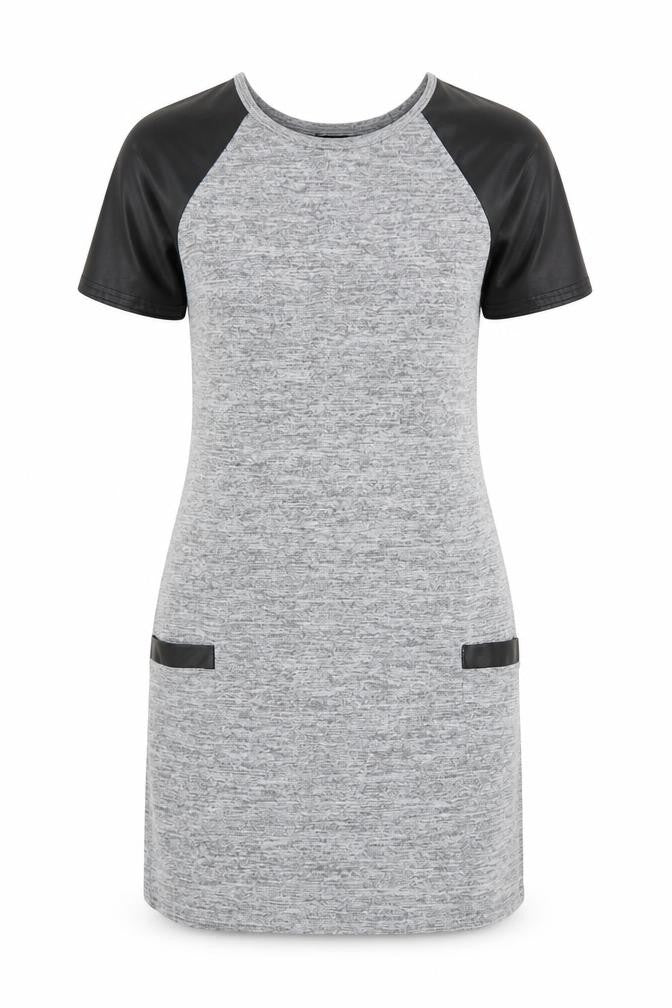 Front view of Internacionale women’s grey polyester t-shirt dress, size UK 10, crew neck pullover