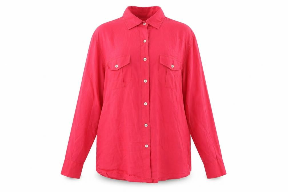 Front view of Oasis women’s red cotton basic button-up, size UK 16, v-neck