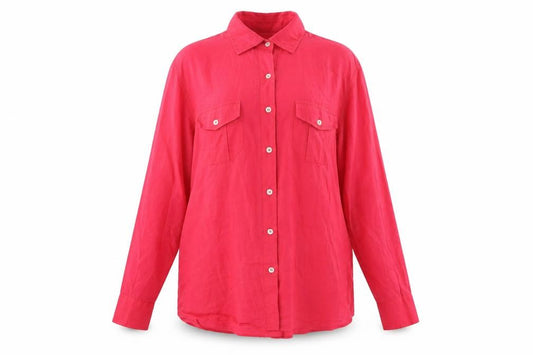 Front view of Oasis women’s red cotton basic button-up, size UK 16, v-neck
