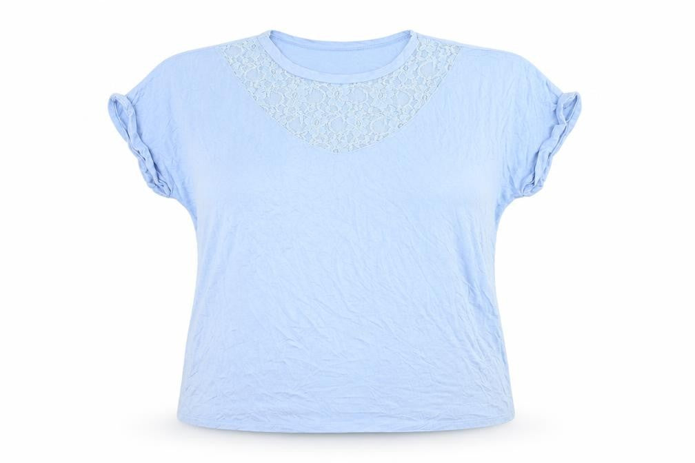 Front view of Very women’s blue viscose basic blouse, size UK 18, crew neck - lace detail