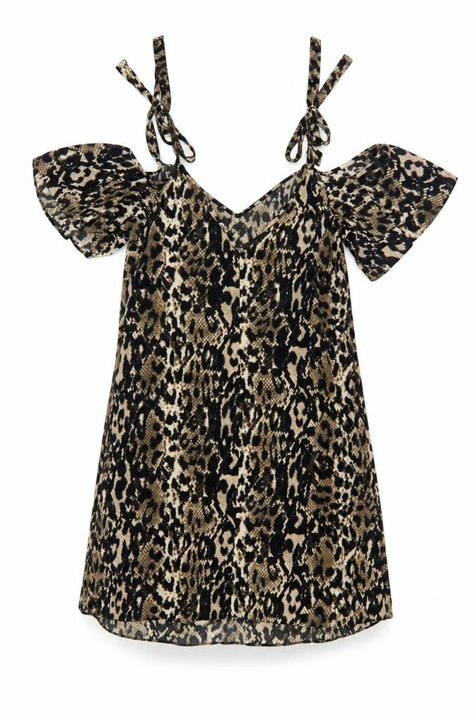 George Womens Brown Animal Print Polyester Fit & Flare  Size 10  V-Neck Tie