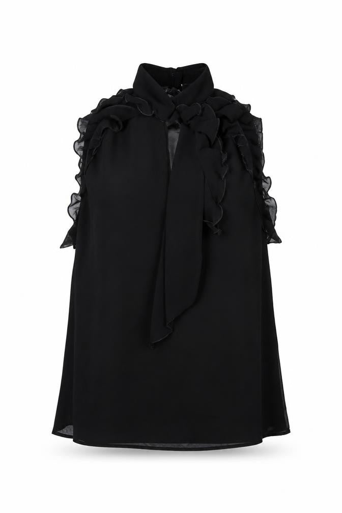 Front view of Miss Selfridge women’s black polyester basic blouse, size UK 8, high neck