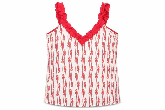 Front view of Savida women’s white geometric polyester basic tank, size UK 8, v-neck