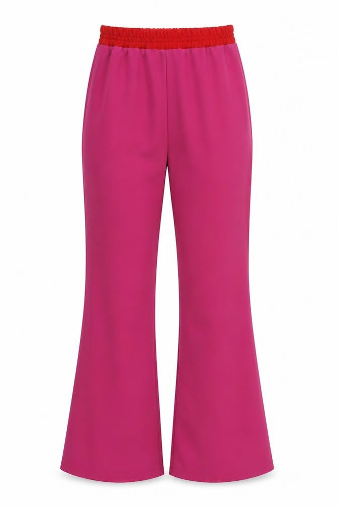Front view of Boohoo women’s pink polyester trousers, size UK 8, 31-inch leg regular