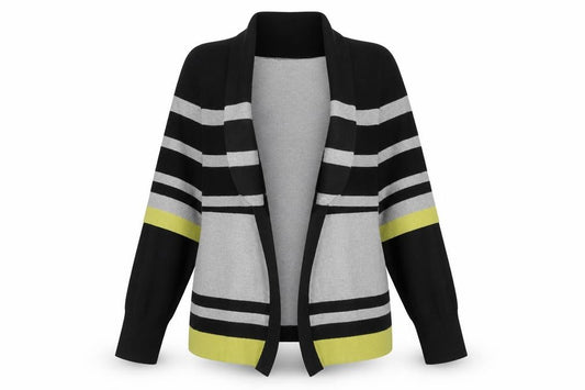 Front view of M&Co women’s multicoloured collared striped cotton cardigan jumper, size L
