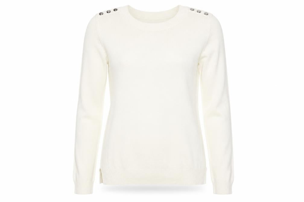 Front view of Primark women’s white round neck acrylic jumper, size UK 4