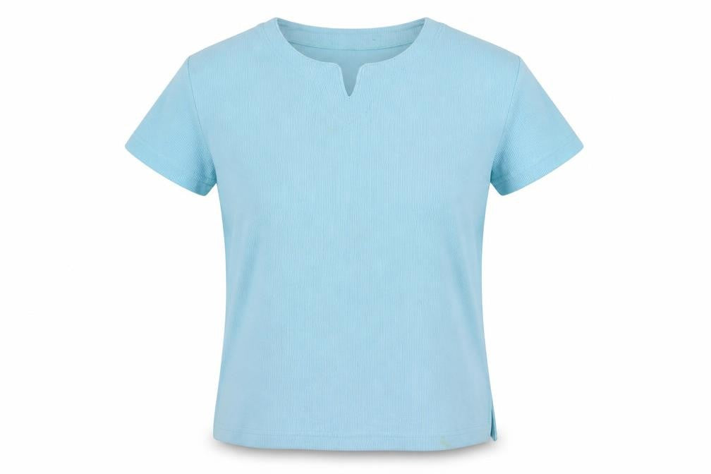 Front view of Preworn women’s blue polyester basic t-shirt, size S, v-neck