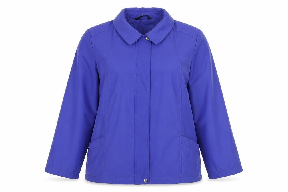 Front view of Bonmarché women’s blue rain coat coat, size L, zip