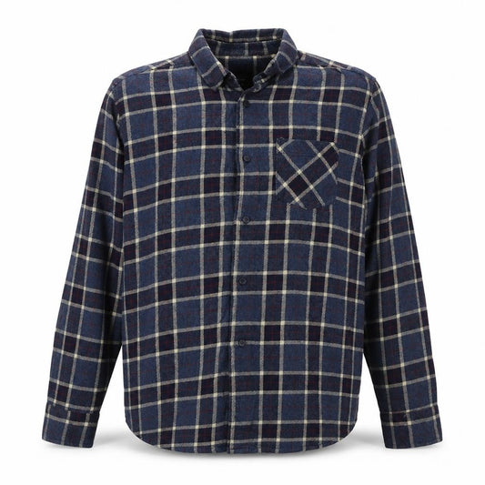 Front view of Silver Eight men’s blue plaid cotton button-up, size M, collared button