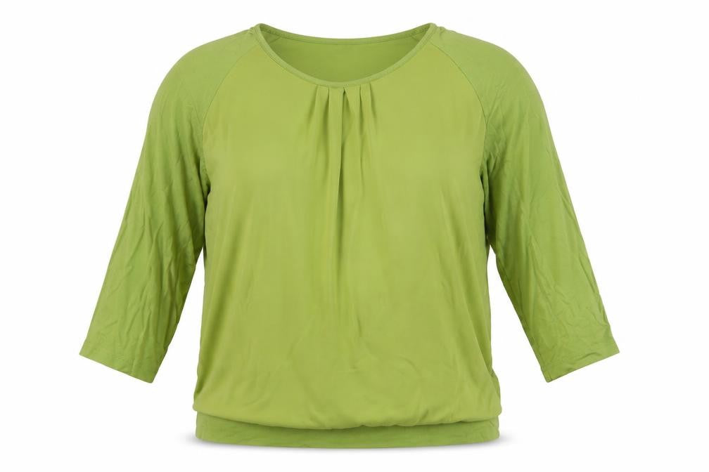 Front view of Frank Walder women’s green viscose basic blouse, size UK 16, cowl neck