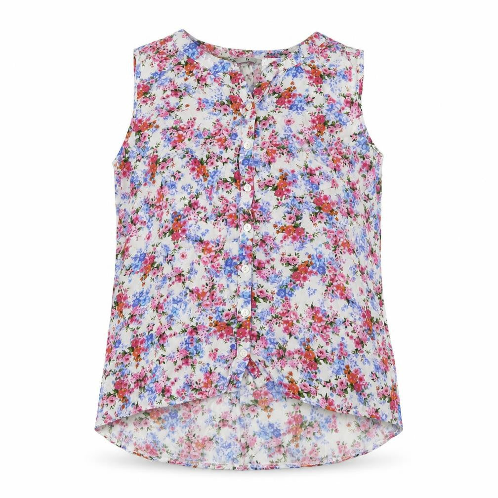 Front view of Tu women’s multicoloured floral polyester jersey blouse, size UK 14, collared