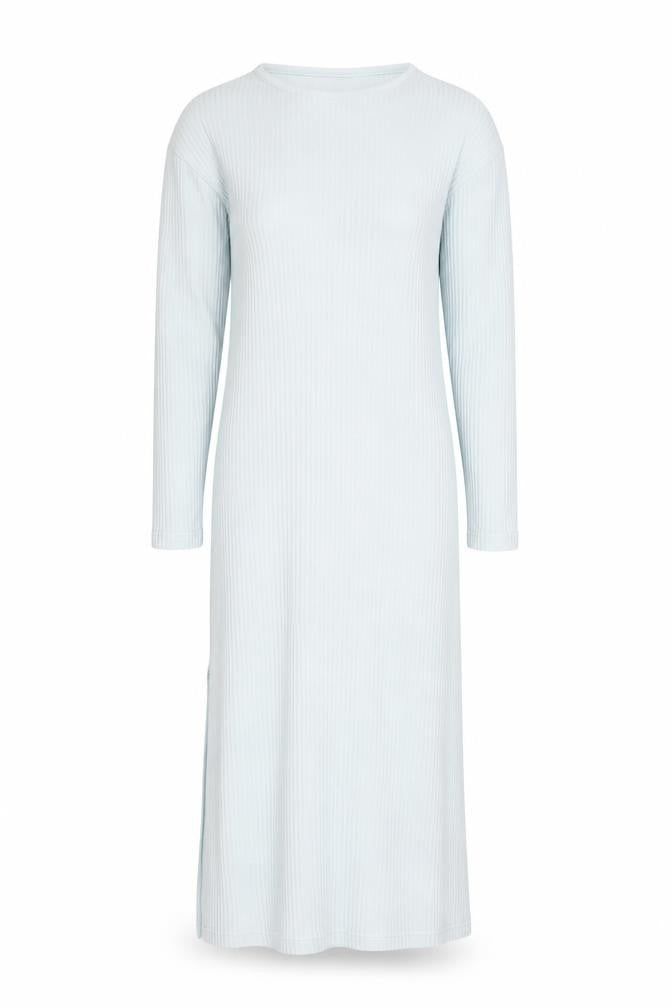 Front view of misguided women’s blue polyester a-line, size UK 6, crew neck