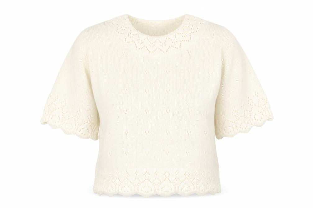 Front view of Preworn women’s white round neck acrylic jumper, size UK 14