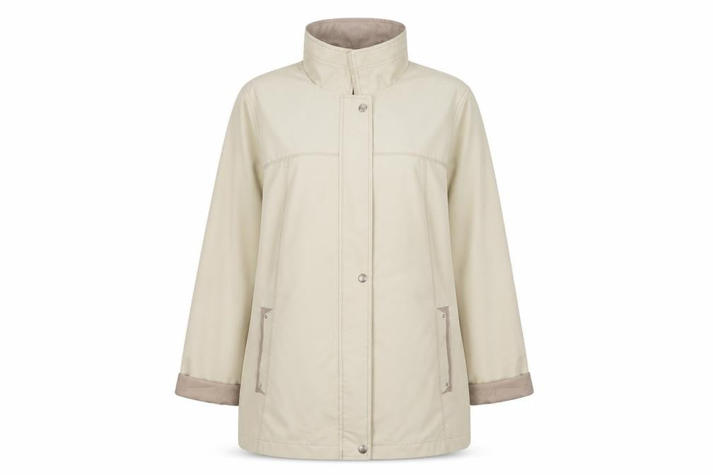 Front view of EWM women’s beige jacket coatigan, size UK 14